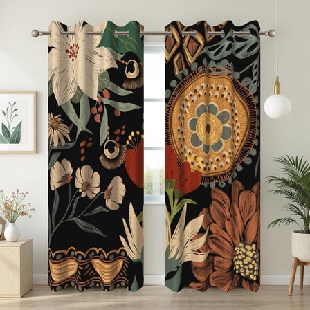 Black Boho Floral Blackout Curtains for Living Room, Bohemian Flowers Window Drapes for Bedroom,52x84 Inch,2 Panels