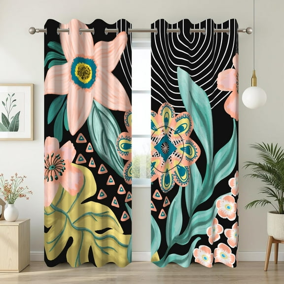 Black Boho Floral Blackout Curtains for Living Room,Mid Century Botanical Window Drapes for Bedroom,52x84 Inch,2 Panels