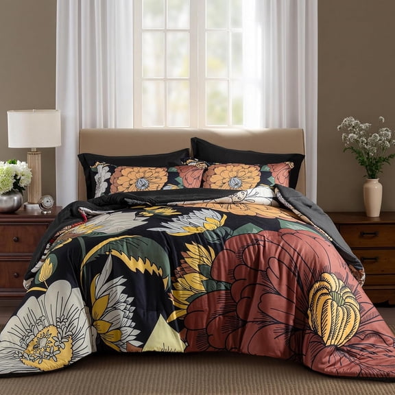 Black Boho Floral Comforter Set - 2 count Farmhouse Botanical Bedding Comforter Sets for Season Soft Lightweight Mid Century Bed Set, (1 Reversible Comforter and 1 Pillow Sham