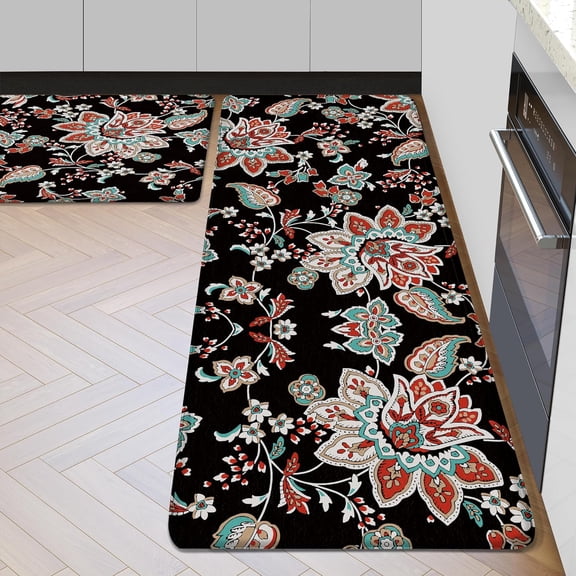 Black Boho Floral Kitchen Rug Set of 2 Anti Fatigue Bohemian Kitchen Mats for Floor Non Slip Cushioned Farmhouse Kitchen Rugs and Mats Washable Waterproof Kitchen Carpet Rugs Runner for Laundry Sink