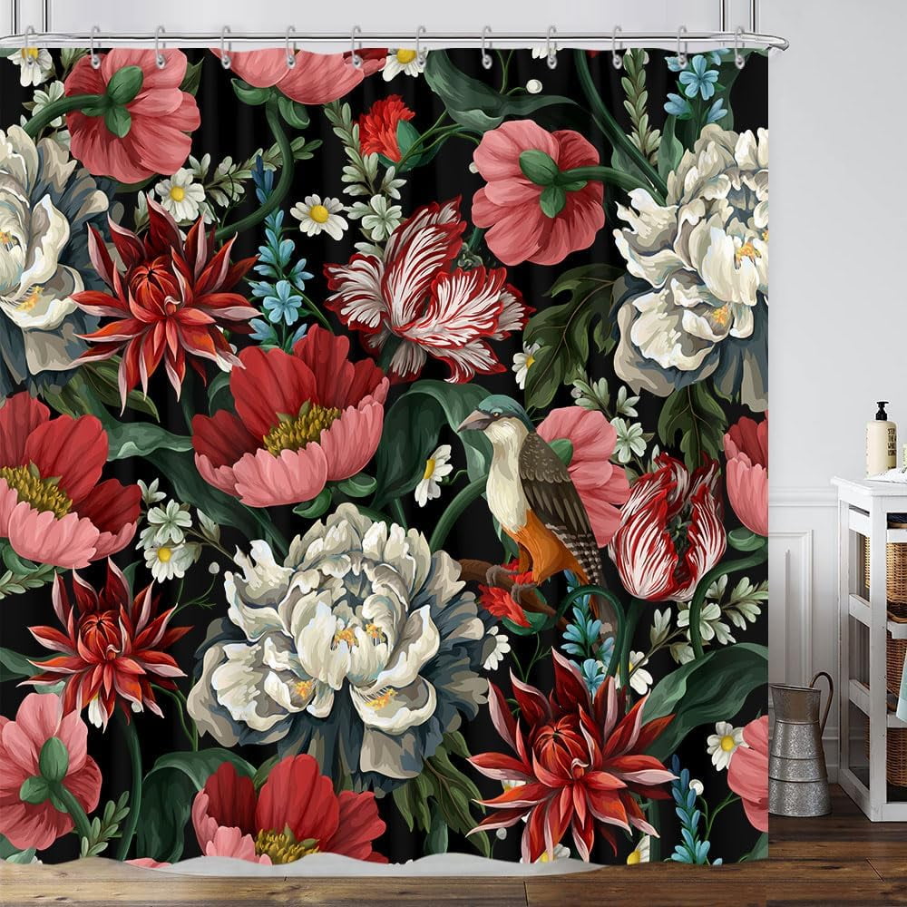 Black Boho Floral Shower Curtain, Bright Abstract Bohemian Tropical