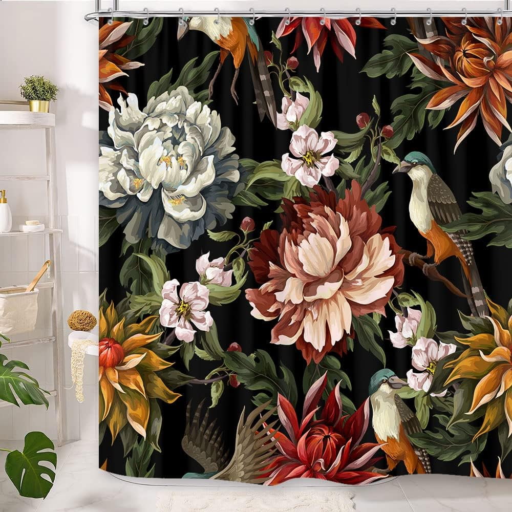 Black Boho Floral Shower Curtain, Bright Abstract Bohemian Tropical