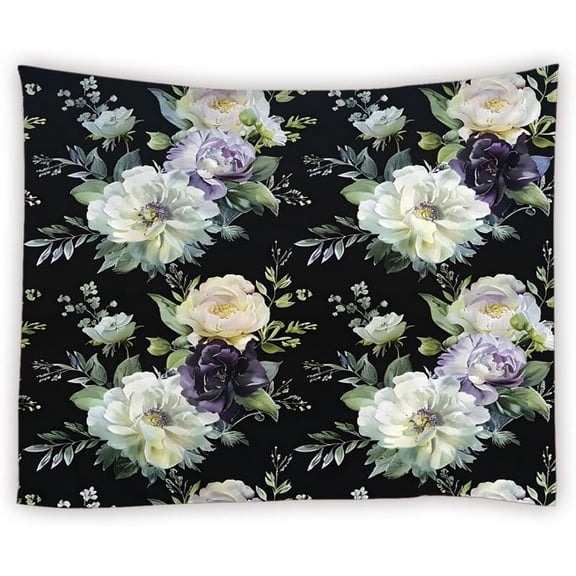 Black Boho Floral Tapestry Retro Flower Bloosom Rustic Rose Peony Watercolor Vintage Leaves Spring Plant Woman Tapestries Wall Hanging for Bedroom Living Room Dorm Background Cloth,90x60Inch