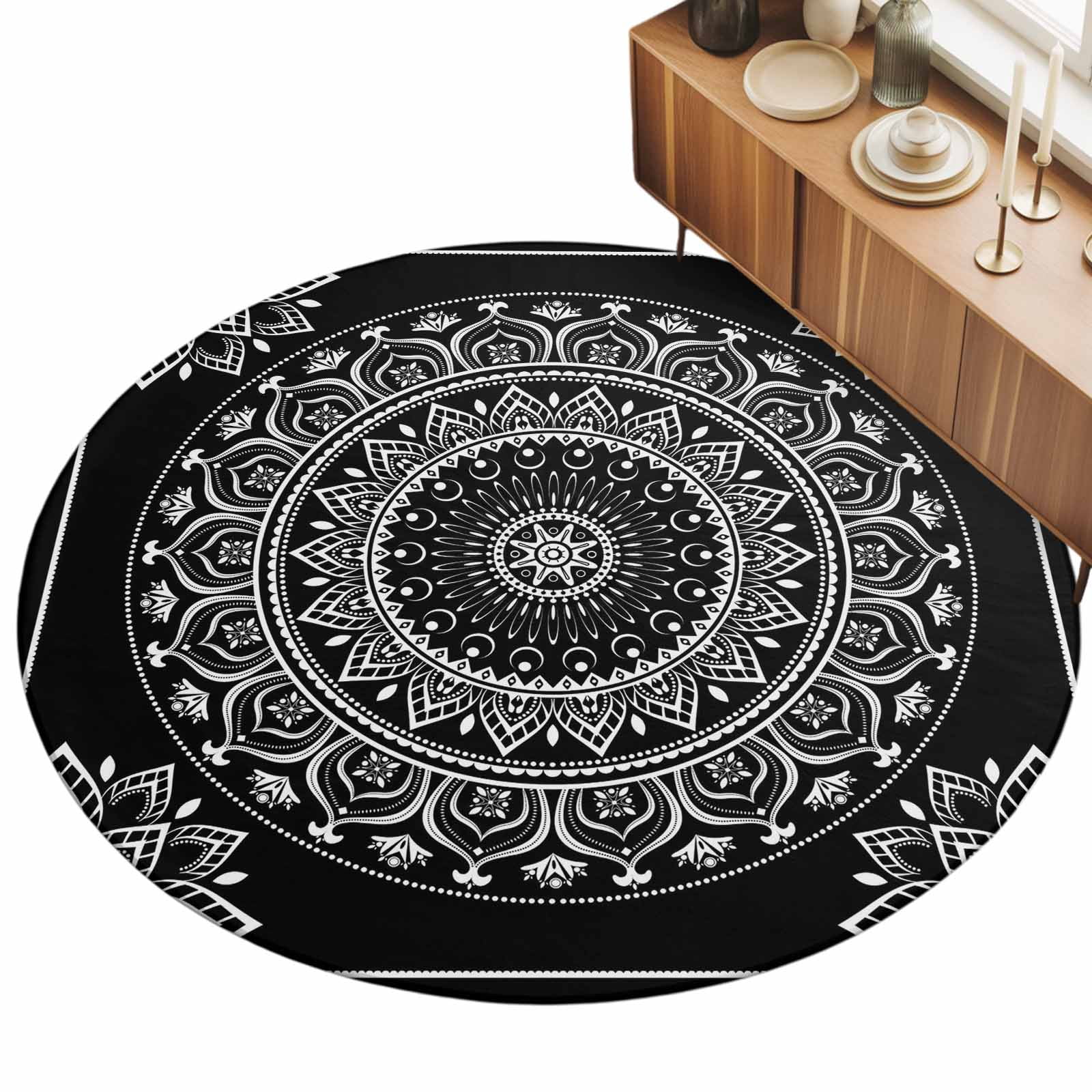 Black Boho Flower Area Rug, Bohemian Flowers Aesthetic Circle Non-Slip ...