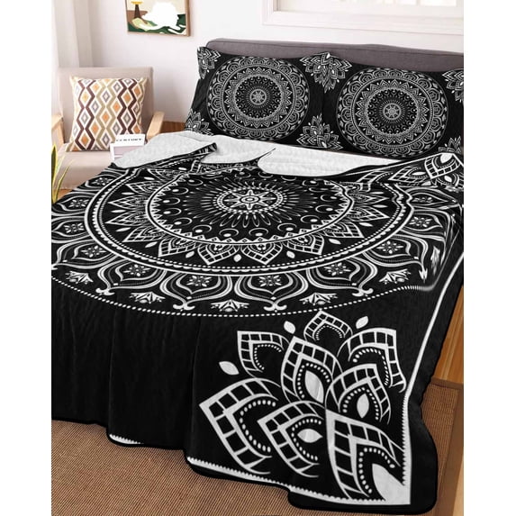 Black Boho Full Size Down Alternative Comforter, Lightweight Comforter Quilt Bedding Set with Pillow Shams Retro Farmhouse Neutral Abstract Geometric All Seasons Bed Comforter Duvet Insert 78"x90"