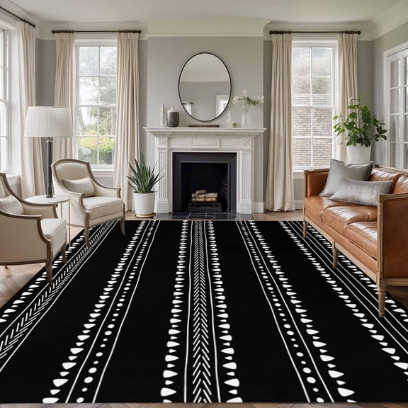 Black Boho Geometric 5'x8' Area Rug for Living Room, Abstract Art Dots Striped Washable Non-Slip Rugs for Bedroom Nursery Dining Room, StainResistant Low-Pile Kitchen Carpet Large Entryway Rugs