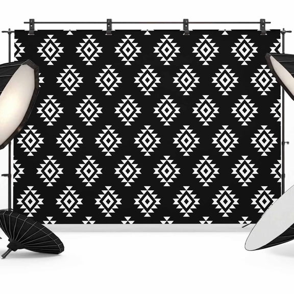 Black Boho Geometric Backdrop for Photography,Fabric Photo Background Backdrop,Retro Simple Ethnic Abstract Motifs Photo Booth Background for Portrait Photoshoot Video Wedding Decoration Banner 7x5ft
