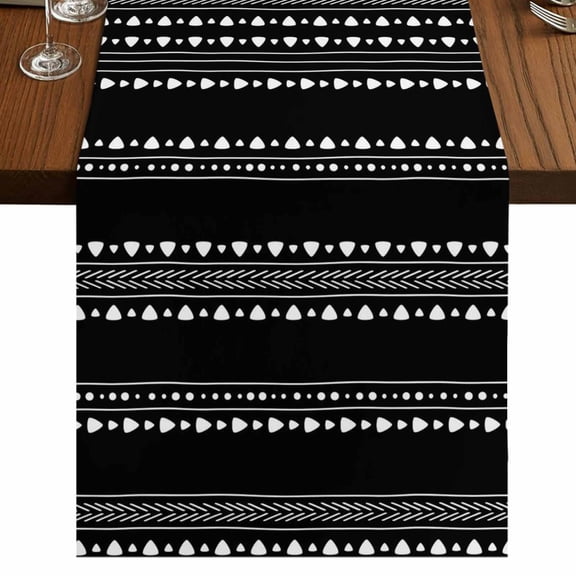 Black Boho Geometric Burlap Cotton Table Runner 13x48 Inches Long, Abstract Art Dots Striped Farmhouse Table Runners, Outdoor Dining Tablecloths Decor for Baby Shower/Party/Wedding