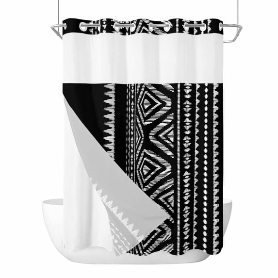 Black Boho Geometric No Hook Shower Curtain Waterproof, Bathroom Curtains with Snap in Liners and See Through Top Window, Vintage Southwestern Stripes Hotel Style Bathtub Curtains Shower 72"Wx96"L