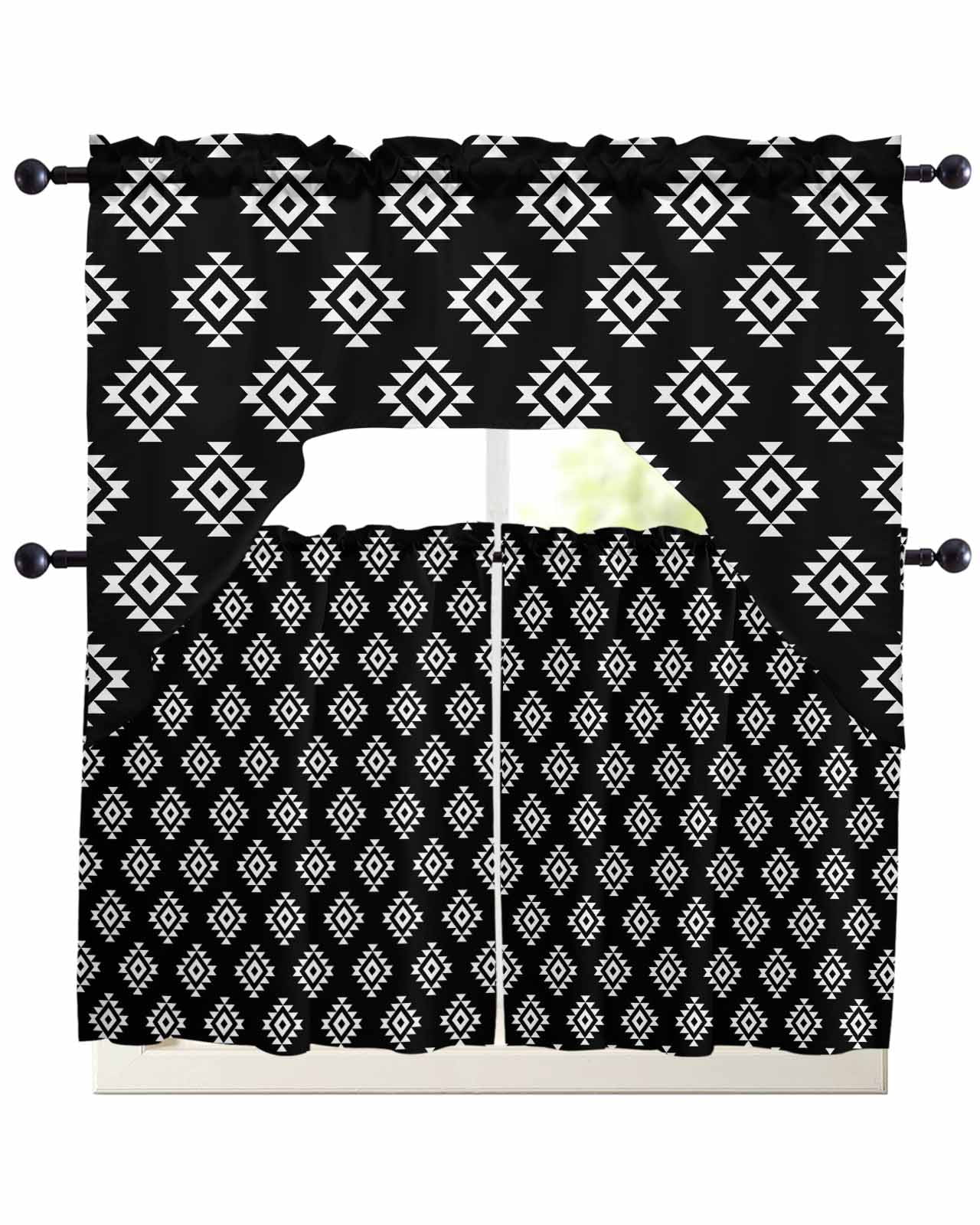 Black Boho Geometric Kitchen Curtains Swag Valance and Tier Curtains ...