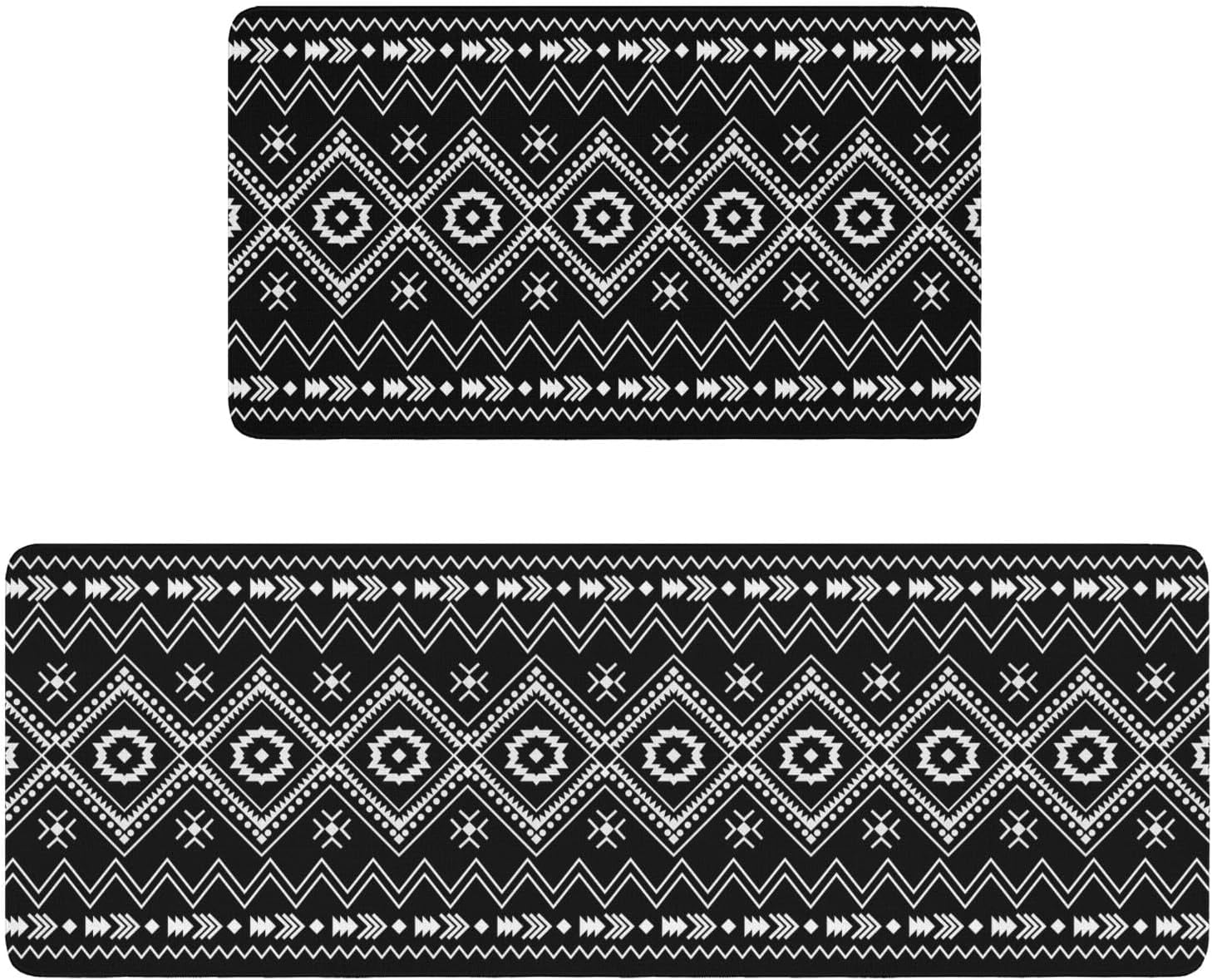 Black Boho Geometric Kitchen Rugs & Mats 2 Pieces,Black & White Boho