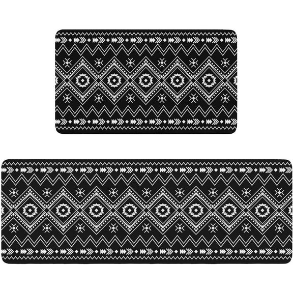 Black Boho Geometric Kitchen Rugs & Mats 2 Pieces,Black & White Boho Bathroom Rug,Non Slip Cushioned Mat Runner Rug Doormat for Boho Kitchen,Sink,Laundry,Bathroom,Home Decor,17x30+17x47inch