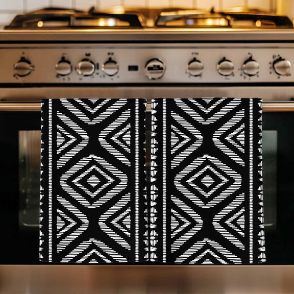 Black Boho Geometric Kitchen Towels Set of 2, Vintage Southwestern Stripes Absorbent Dish Towels for Kitchen, Microfiber Hand Towel, Quick Drying Tea Towel for Cleaning Decorative Dishcloths