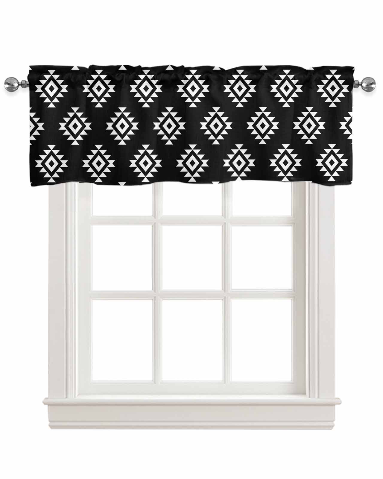 Black Boho Geometric Kitchen Valances for Windows Farmhouse Linen Window Valance Curtain for Living Room Window Treatment Retro Simple Ethnic Abstract Motifs Valance Rod Pocket Topper, 54 x 18 Inch