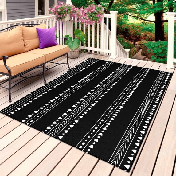 Black Boho Geometric Outdoor Rug 3x5 Ft, Non Slip Washable Area Rug, Abstract Art Dots Striped Patio Rugs Carpet Runner, Large Floor Mat for Indoor/Outdoor Deck Porch Camping