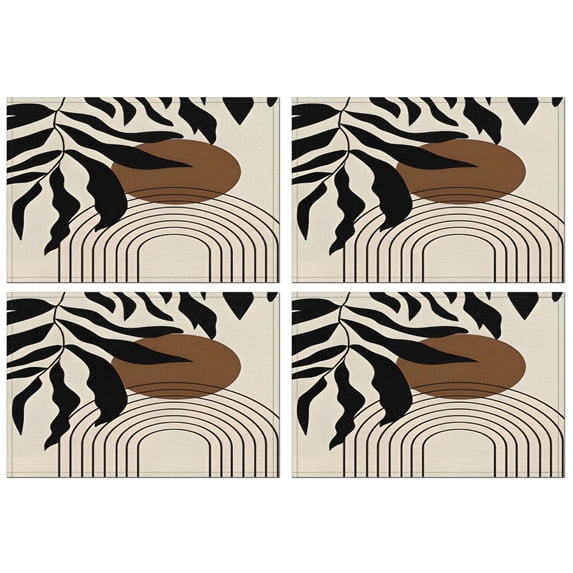 Black Boho Geometric and Plant Pattern Summer Placemats Table Placemats Set Of 4-Linen Kitchen Washable Placemats Table Mats 11.8"x17.7"Non-Slip Heat Resistant