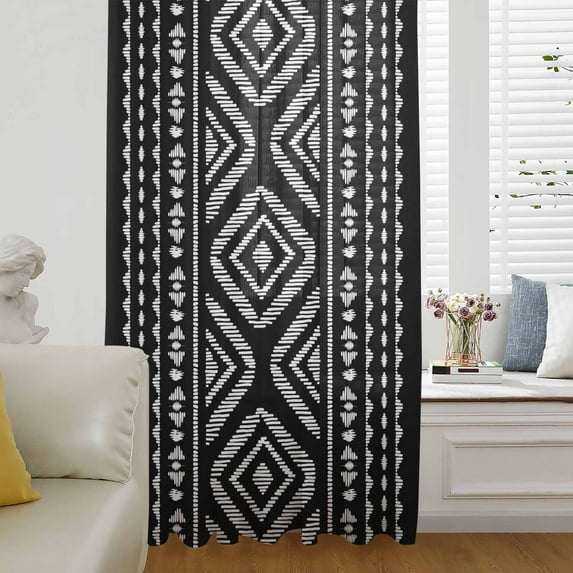 Black Boho Geometric Semi Sheer Curtains Drapes for Living Room, Bedroom, French Doors Window 84 Inches Long, Vintage Southwestern Stripes Rod Pocket Chiffon Curtain Drapery Voile Draperies Panel
