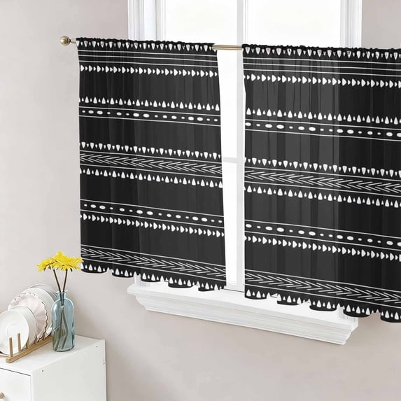 Black Boho Geometric Sheer Curtains 54 Inch Length 2 Panels for Living Room, Abstract Art Dots Striped Voile Kitchen Curtain Set, Luxury Privacy Drapes Window Treatment for Bedroom