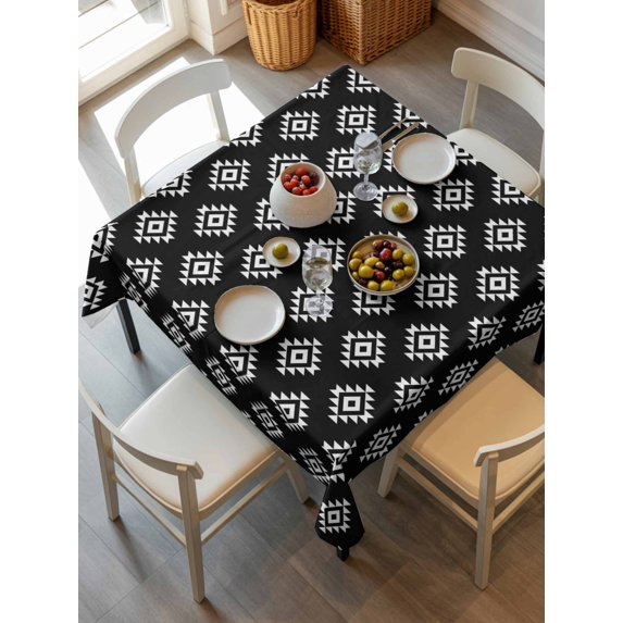 Black Boho Geometric Tablecloth Square Table Cloth 54x54, Waterproof Tablecloth Outdoor Table Cloth, Retro Simple Ethnic Abstract Motifs Washable Table Cover for Kitchen Dinning Party