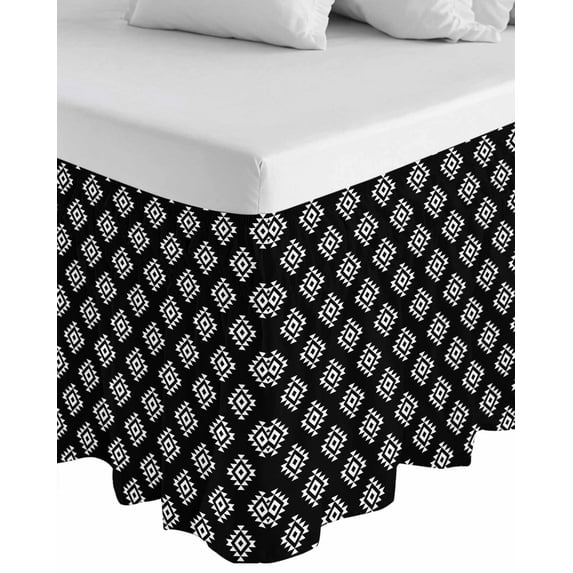 Black Boho Geometric Wrap Around Bed Skirts for King Bed 16" Drop,Bed Skirt with Adjustable Elastic Belt Dust Ruffle Bed Valance for Bedroom Hotel Retro Simple Ethnic Abstract Motifs Bed Frame Cover