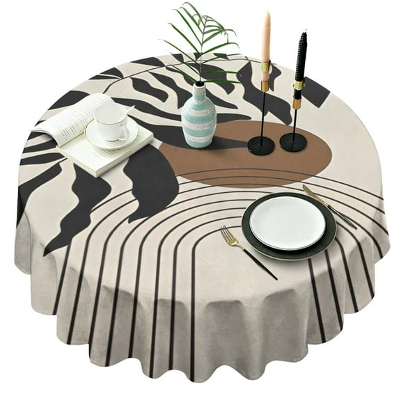 Black Boho Geometric and Plant Pattern Round Tablecloth 60"x60",Wrinkle Wipeable Table Cloth for Kitchen Dining Room Picnic Patio Party