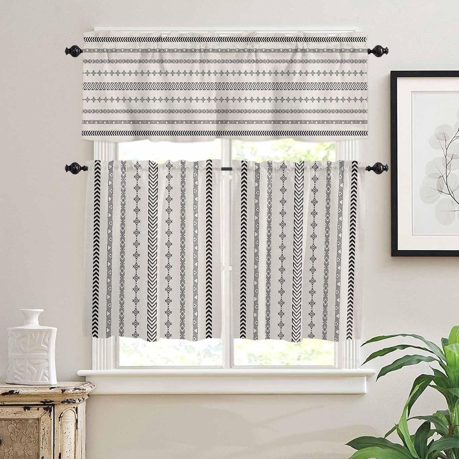 Black Boho Kitchen Curtain Valance And Tiers Set, Retro Farmhouse Bohemia G - Walmart.com