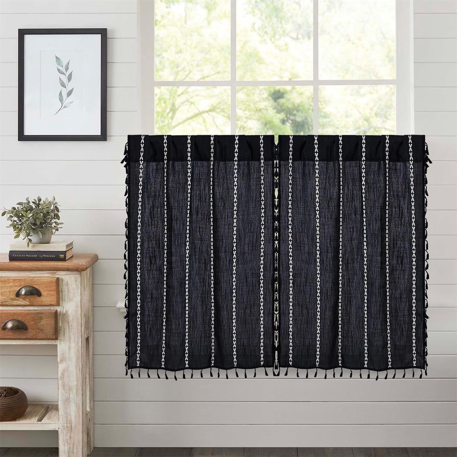Black Boho Kitchen Curtains 36 Inch Length French Striped Modern ...