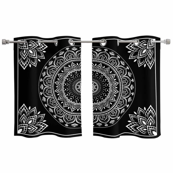 Black Boho Kitchen Curtains Small Short 39 Inch Length, Retro Farmhouse Neutral Abstract Geometric Grommet Top Bedroom Living Room Curtains, Light Filtering Cafe Curtain Drapes 2 Panels Set 55''x39''
