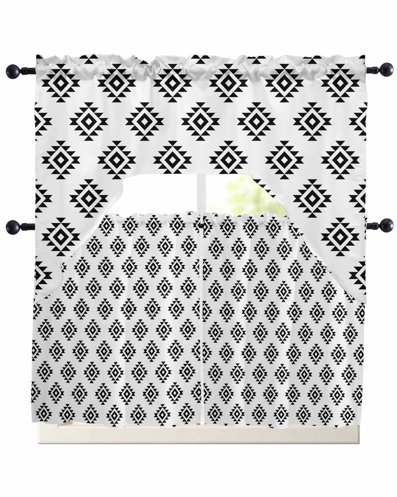 Black Boho Kitchen Curtains Swag Valance and Tier Curtains Set 24 Inch ...