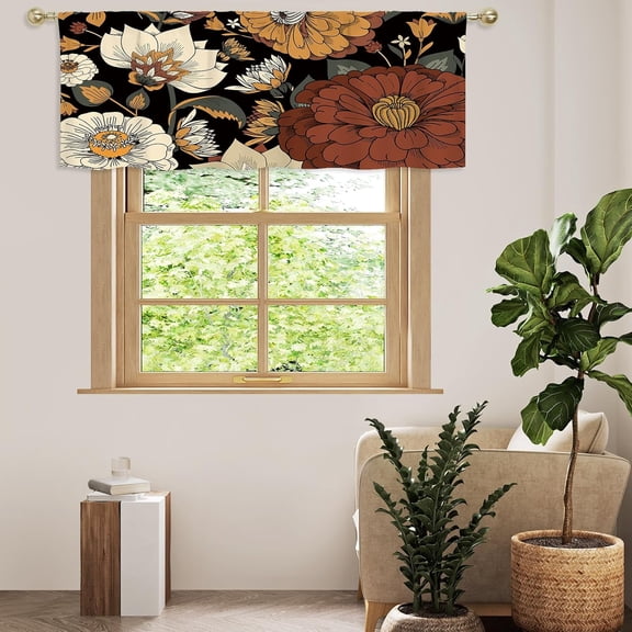 Black Boho Kitchen Curtains Valances, Bohemian Floral Pattern Semi Sheer Kitchen Valances for Living Room, Rod Pocket Short Window Treatment Decor, 52x18