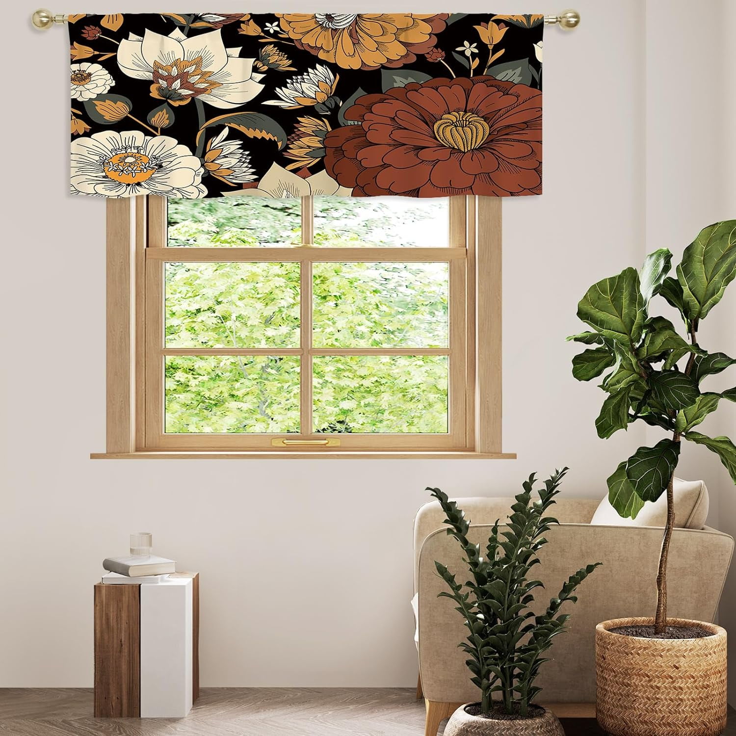 Black Boho Kitchen Curtains Valances, Bohemian Floral Pattern Semi ...
