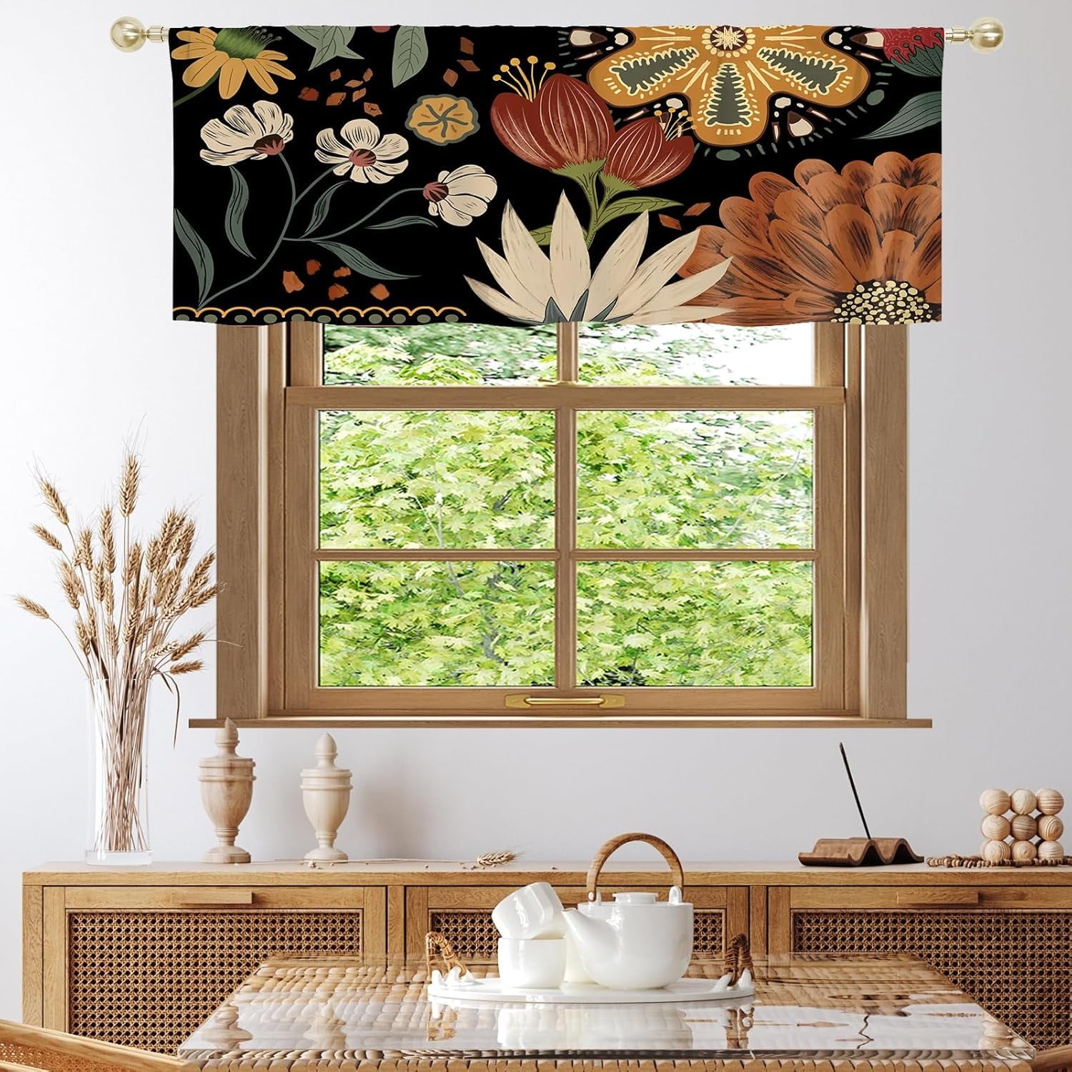 Black Boho Kitchen Curtains Valances, Bohemian Flower Pattern Semi Sheer Kitchen Valances for ...