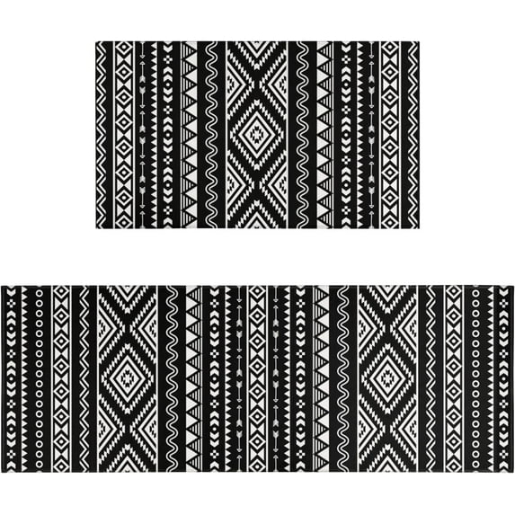 Black Boho Kitchen Rug Mat Black and White Kitchen Rugs Sets of 2 Washable Non-Slip Kitchen Mats for Floor 2 Piece Boho Black Kitchen Decor