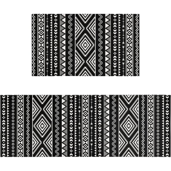 Black Boho Kitchen Rug Mat Black and White Kitchen Rugs Sets of 2 Washable Non-Slip Kitchen Mats for Floor 2 Piece Boho Black Kitchen Decor