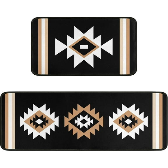 Black Boho Kitchen Rug Mat Decor Aztec Western Kitchen Rugs Sets of 2 Non-Slip Washable Kitchen Mats for Floor 2 Piece