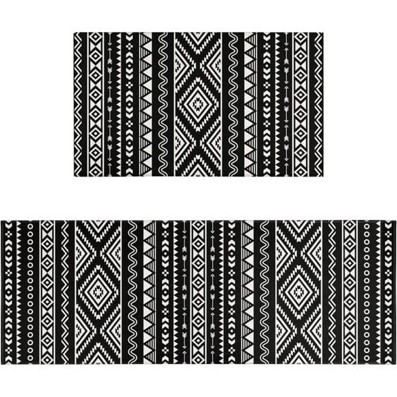 Black Boho Kitchen Rug Mat Decor Black and White Kitchen Rugs Sets of 2 Non-Slip Washable Kitchen Mats for Floor Set of 2
