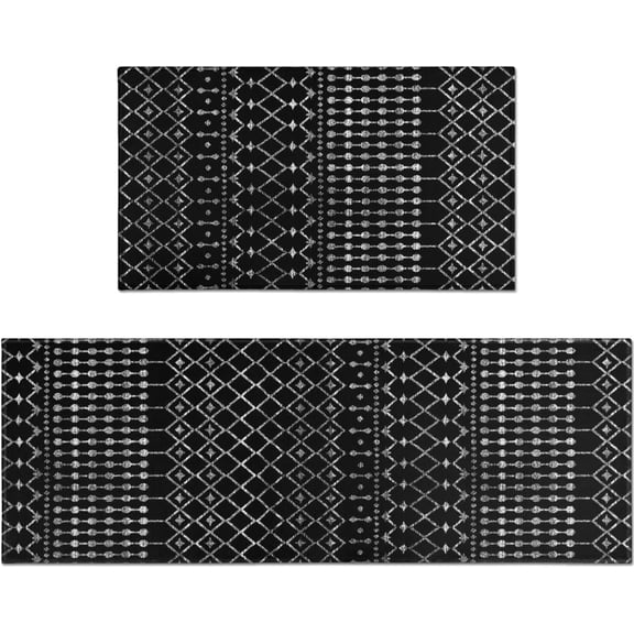 Black Boho Kitchen Rug Mat Set Non Slip Washable Boho Kitchen Mats for Floor 2 Piece Black and White Kitchen Rugs Sets of 2 Home Decor