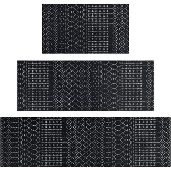 Black Boho Kitchen Rugs Set of 3,Moroccan Modern Farmhouse Kitchen Mats for Floor,Geometric Pattern Non-Slip Washable Sink Mats Home Decor Doormat+Runner Rug