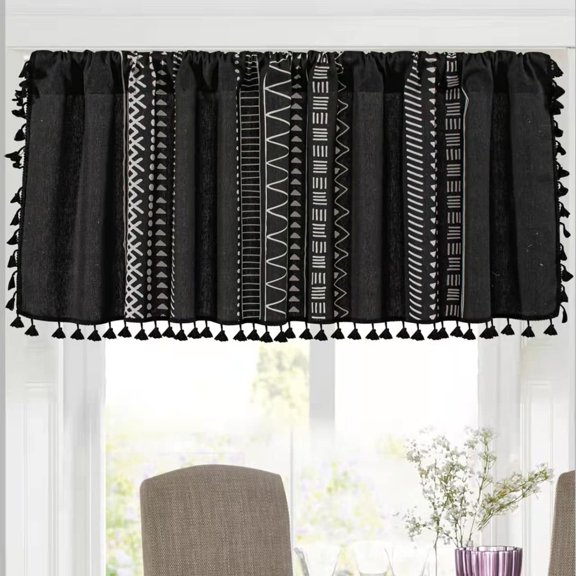 Black Boho Kitchen Valances for Windows, Farmhouse Tier and Valance Window Curtain with Tassels, Short Curtains for Bathroom, Living Room, Farmhouse, Bedroom, 59 x 18 Inches Length