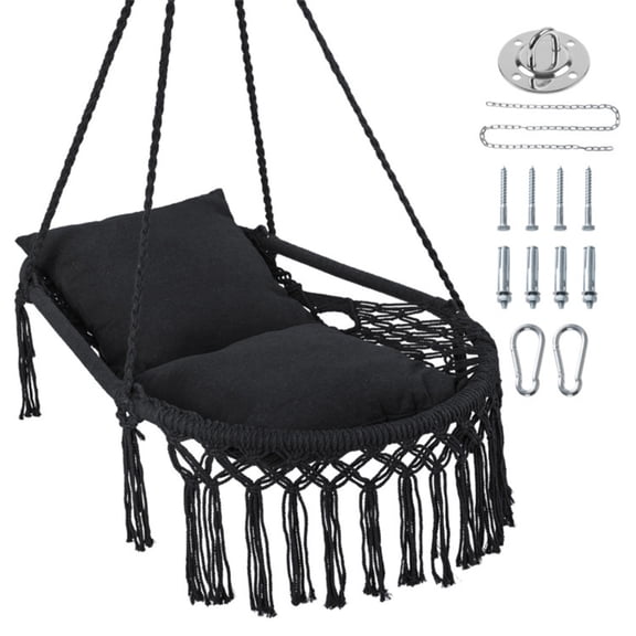 Black Boho Macrame Hanging Swing Chair with 2 Padded Cushions, 330LBS Capacity Hammock Chair for Indoor Outdoor Bedroom Patio Balcony
