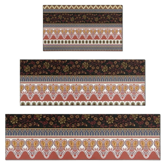 Black Boho Oriental Flowers and Paisleys Pattern Kitchen Rugs Sets Of 3,Kitchen Runner Rugs Non Skid Washable,Decorative Kitchen Floor Mats for Kitchen,Sink,Laundry,17"x30"+ 17"x47" + 17"x59"