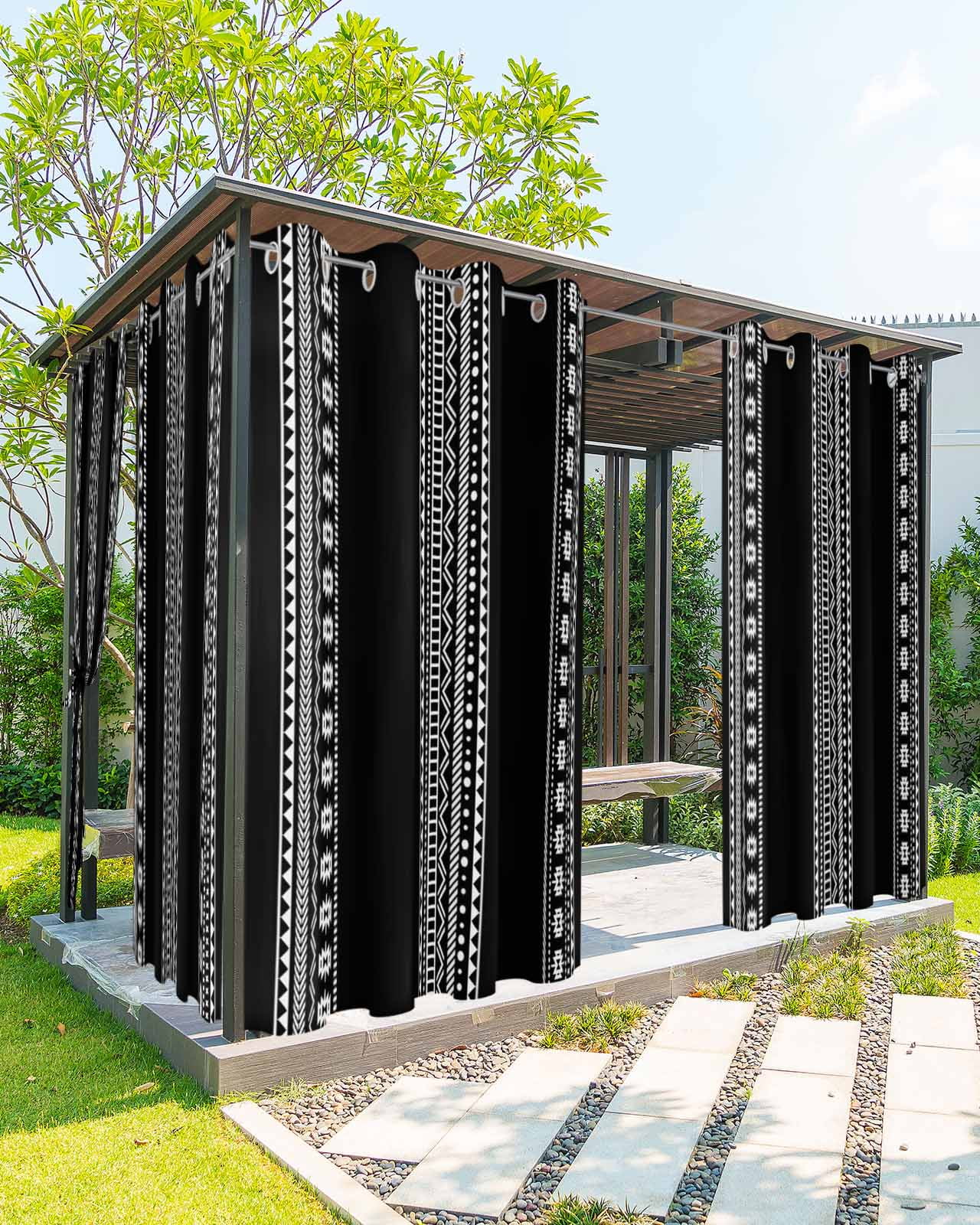 Black Boho Outdoor Curtains for Patio, Vintage Abstract Striped Geometric Motifs Privacy Drapes Grommet Waterproof Outside Curtains for Porch/Cabana/Balcony 54"x 84", 2 Panel