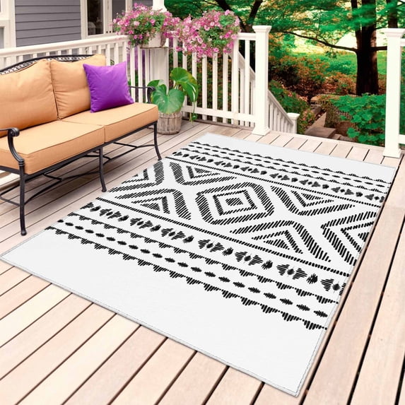 Black Boho Outdoor Rug 4x6 Ft, Non Slip Washable Area Rug, Vintage Southwestern Geometric Stripes Patio Rugs Carpet Runner, Large Floor Mat for Indoor/Outdoor Deck Porch Camping