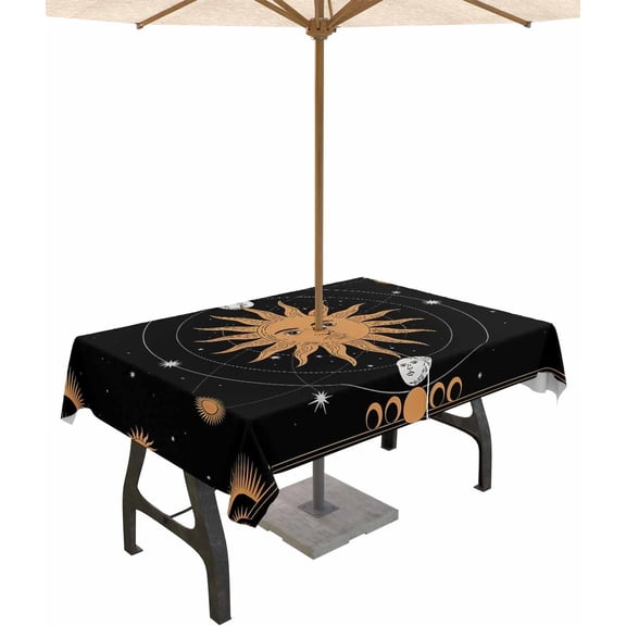 Black Boho Outdoor Tablecloth with Umbrella Hole Rectangle, Modern Abstract Bohemia Sun Moon Waterproof Table Cloth Washable Wipeable Cover Spill Proof for Patio Spring Summer Picnic BBQ 60"x84"