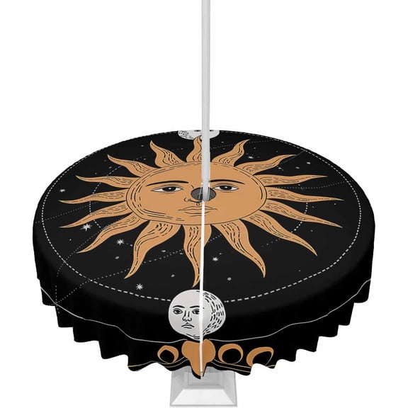Black Boho Outdoor Tablecloth with Umbrella Hole Round, Modern Abstract Bohemia Sun Moon Waterproof Table Cloth Washable Wipeable Cover Spill Proof for Patio Spring Summer Picnic BBQ 60"
