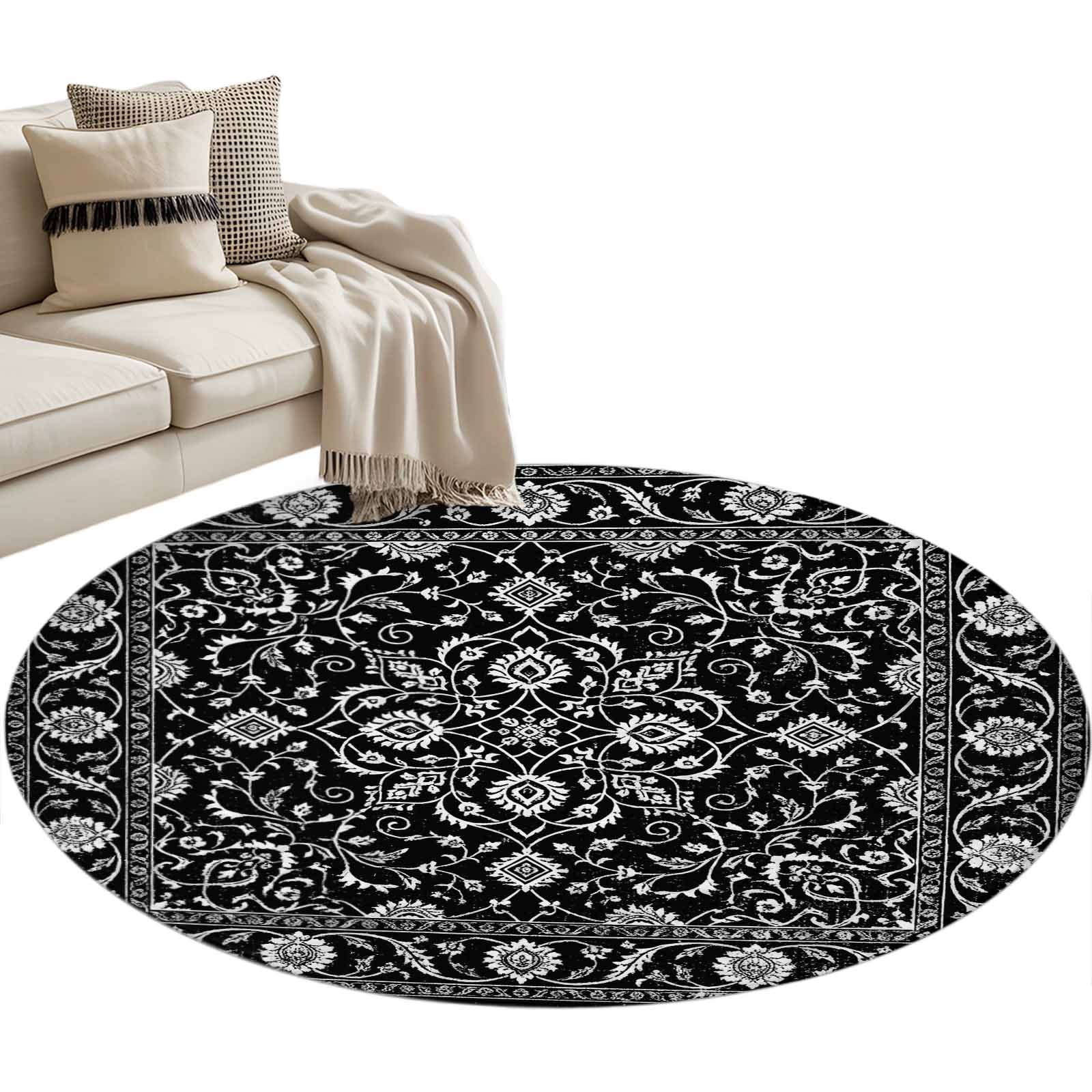 Black Boho Paisley Round Living Room Rugs 4 ft, Vintage Floral