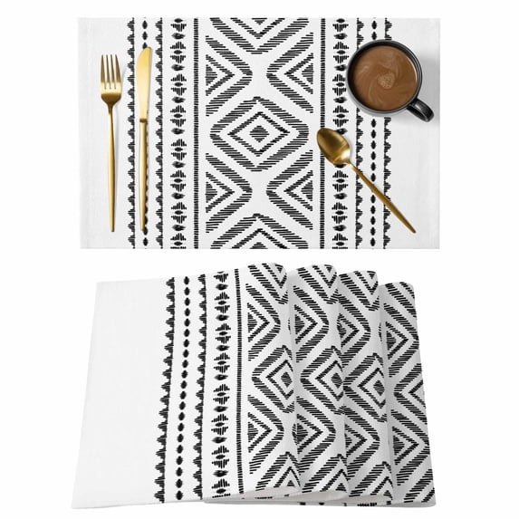 Black Boho Placemats Set of 4, Vintage Southwestern Geometric Stripes Placemats for Dining Table, Place Mats for Kitchen Tabletop, Waterproof Wipeable Dining Table Mats Set