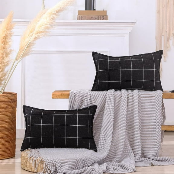 Black Boho Plaid Lumbar Pillow Covers 12x20 Set of 2, Black and White Woven Checkered Decorative Throw Pillows 12 x 20, Modern Farmhouse Decor for Living Room Couch and Bed