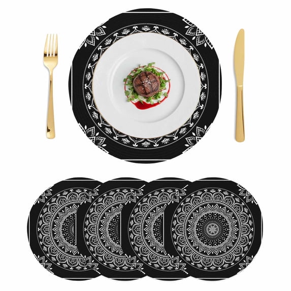 Black Boho Round 13 Inch Placemats Set of 4, Retro Farmhouse Neutral Abstract Geometric HeatResistant Non Slip Place Mats for Dining Table, Wipeable Braided Kitchen Table Mats for Housewarming