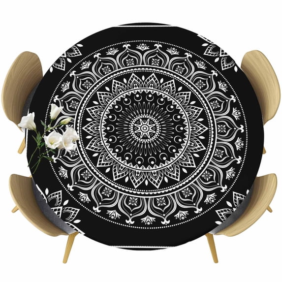 Black Boho Round Tablecloth, Fitted Table Cover with Elastic for 45"-54" Round Tables, Retro Farmhouse Neutral Abstract Geometric Table Cloth Outdoor Indoor Dinning Party Waterproof Tablecloths